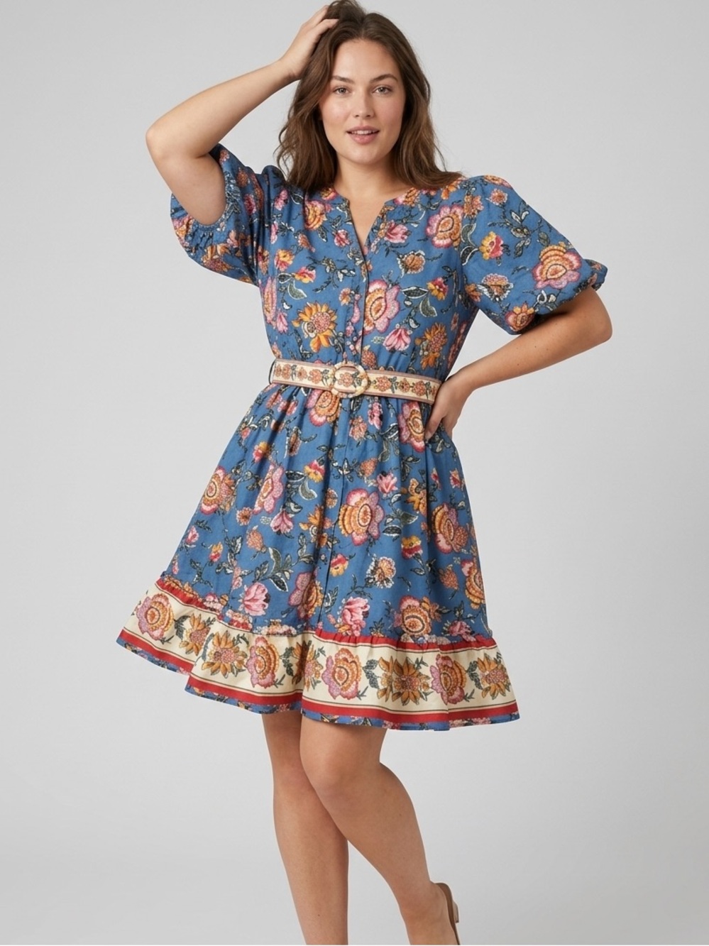 Joie - Floral Belted Mini Dress Puff Sleeve Boho Cottagecore Blue - Size 14